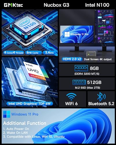GMKtec Mini PC, Intel N100 Windows 11 Pro (3.4GHz), 16GB DDR4 1TB PCIe M.2 NVMe SSD, Desktop Computer 4K Dual HDMI Display/4x USB3.2/WiFi 6/BT5.2/RJ45 Ethernet Nucbox G3