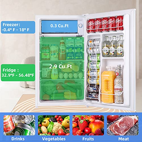 BANGSON Mini Fridge with Freezer, 3.2Cu.Ft, Reversible Door Mini Fridge, 5 Adjustable Temperatures, 38dB Low Noise, Small Refrigerator for Bedroom, Office, and Dorm, White…