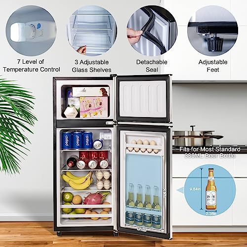 Anukis Compact Refrigerator 3.8 Cu Ft 2 Door Mini Fridge with Freezer for Apartment, Dorm, Office, Family, Basement, Garage - Silver