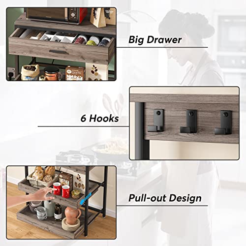 Tribesigns Bakers Rack with Power Outlets, 5-Tier Kitchen Storage Shelf, Microwave Oven Stand with Drawer, 65”H Coffee Bar Table, Kitchen Rack with Sliding Shelves and 6 Hooks, Grey