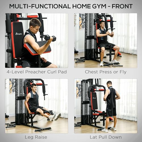 Soozier Multi Gym Workout Station with 143lbs Weight Stack, Home Gym Equipment with Sit up Bench, Push up Stand, Dip Station, Adjustable, for Full Body Strength Training