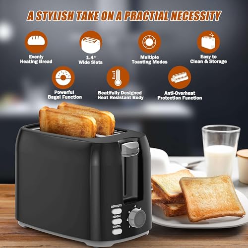 2 Slice Black Toaster with Wide Slots, Bagel Function, 7 Shade Settings, Removable Crumb Tray - Compact Prime Rated Toaster for Bread, Waffles