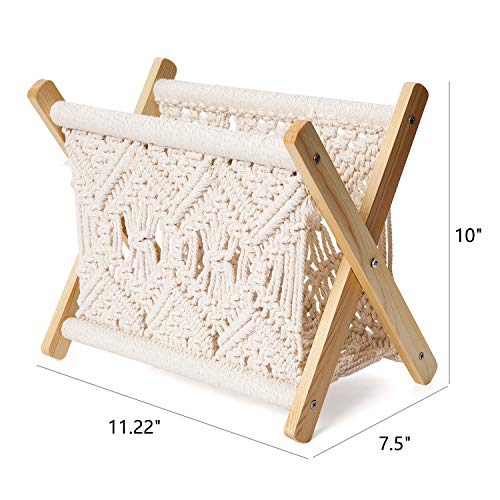 Mkono Macrame Magazine Rack Boho Storage Holder Standing Basket for Books, Newspapers, Swaddle Blanket, Dorm Essentials, Living Room, Bathroom, Office, Nursery, Home Decor, Small Size, 11.2”L x 7.5”W