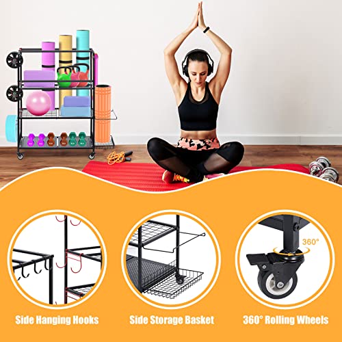 HEOMU Yoga Mat Storage Rack, Home Gym Storage Rack for Dumbbells Kettlebells, Gym Organizer Gym Equipment Storage Cart with Wheels and Hooks, Black