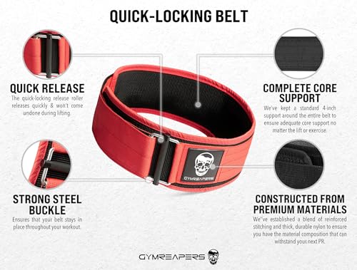 Gymreapers Quick Locking Weightlifting Belt for Bodybuilding, Powerlifting, Cross Training - 4 Inch Neoprene with Metal Buckle - Adjustable Olympic Lifting Back Support