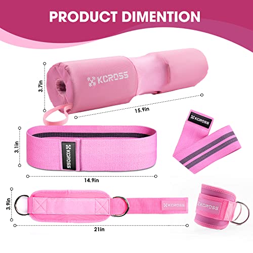 Barbell Squat Pad for Standard Set, Work Out Set Gym Equipment Accessories for Women, 7Pcs Barbell Pad for Hip Thrust with 2 X Gym Ankle Straps & 3 X Booty Resistance Bands & 1X Carry Bag