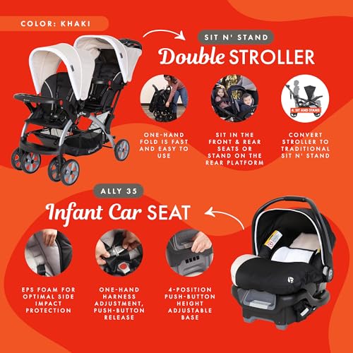 Baby Trend Sit N Stand Easy Fold Travel Double Baby Stroller and Single Infant Car Seat Travel System with Safety Harnesses and Cover, Khaki