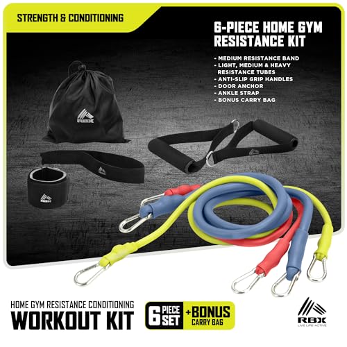 RBX 6 Piece Home Gym Resistance Kit - Light, Medium, Heavy Resistance Bands, Grip Handles, Door Anchor, Ankle Strap & Carry Bag