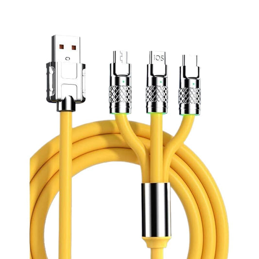 Multi 3 in 1 USB Charging Cable Car Thicken Mobile Phone 1.2M/4Ft 6A PD Fast Charging Cord, Universal Multiple Ports Long Charging Cabler for USB C/Micro USB/Lightning Connector (Yellow)