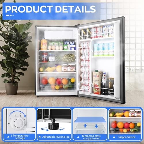 Upstreman 4.5 Cu.Ft Mini Fridge, Single Door Compact Refrigerator, Adjustable Thermostat, Low noise, Energy-efficient, Small Refrigerator for Bedroom, Office, Dorm, Classic Black, FR45