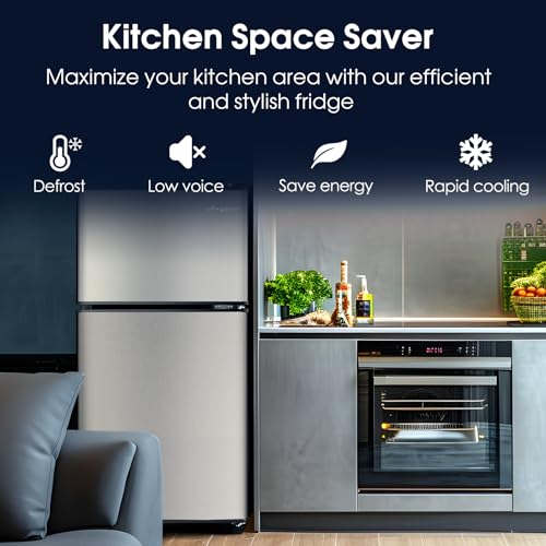 3.2 Cu.Ft Mini Fridge with Freezer, 2 Door Compact Refrigerator, Small Fridge with 7 Level Thermostat & LED Light, Small Refrigerator with Freezer for Bedroom, Office, Dorm, Silver