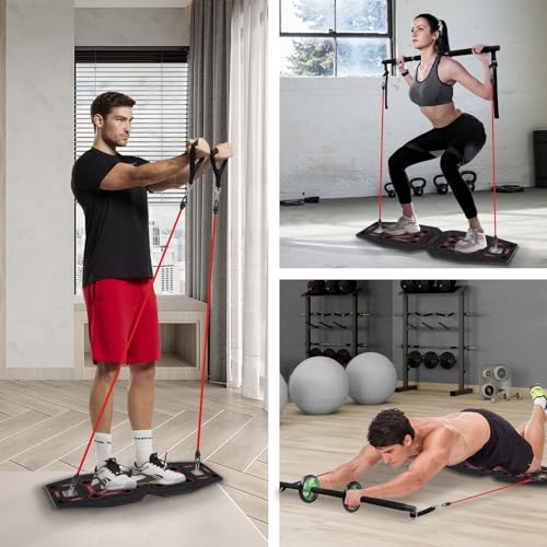 Push Up Board Workout Equipment Home Gym with Exercise Accessories Resistance Bands & Ab Roller Wheel & Pilates Bars - Portable Gym with Foldable Pushup Board - Exercise Equipment for Women & Men's Gift