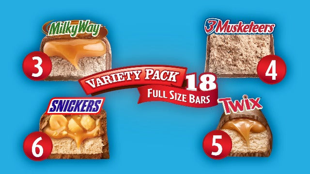 SNICKERS, TWIX, 3 MUSKETEERS & MILKY WAY Full Size Bars Variety Mix, 18-Count Box