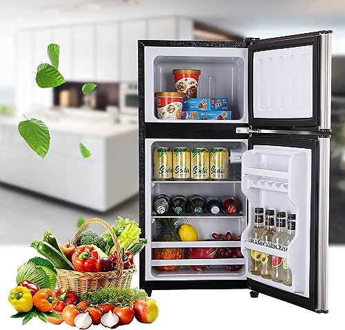Two Door Mini Fridge with Freezer 3.4 cu.Ft, 7 Level Adjustable Thermostat for Dorm, Office, Bedroom, Apartment - Silver