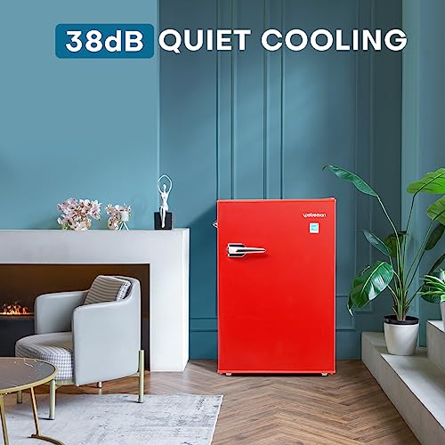 Upstreman 4.5 Cu Ft Retro Compact Refrigerator, Mini Fridge with Freezer for Bedroom, Adjustable Thermostat, Side Bottle Opener, Small Fridge for Office, Bedroom, Dorm, Bar, Red-CR45