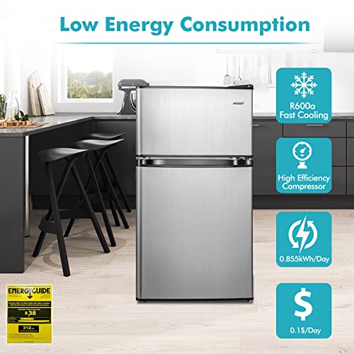 COSTWAY Compact Refrigerator, 3.2 Cu.Ft. Fridge Freezer Compartment with Reversible 2 Door, Adjustable Thermostat, Removable Glass Shelves, Mini Refrigerator for Bedroom Dorm Apartment, Silver