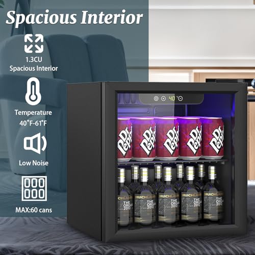1.3 Cu.ft Beverage Refrigerator Cooler, 60 Can Mini Fridge with Glass Door, Digital Temperature Display for Soda, Beer or Wine For Office or Bar with Adjustable Removable Shelves