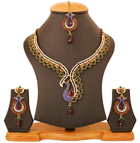 Touchstone Indian Bollywood White Rhinestone Blue Faux Sapphire deep red Faux Ruby and Faceted Glass Drops Ethnic Peacock Motif Bridal Designer Jewelry Necklace Set for Women in Antique Gold Tone