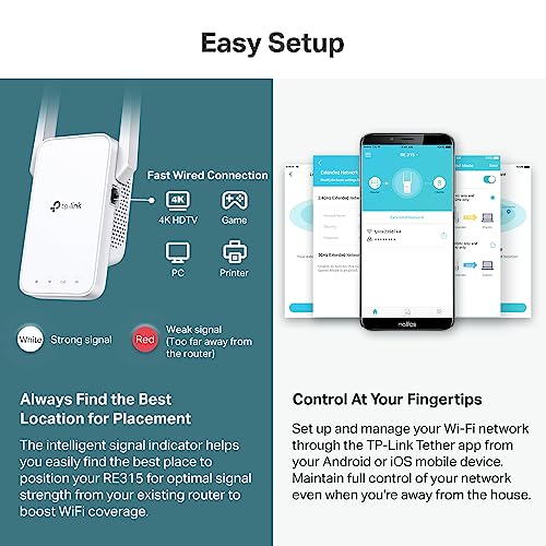 TP-Link AC1200 WiFi Extender, 2023 Engadget Best Budget pick, 1.2Gbps signal booster for home, Dual Band 5GHz/2.4GHz, Covers Up to 1500 Sq.ft and 30 Devices ,support Onemesh, One Ethernet Port (RE315)