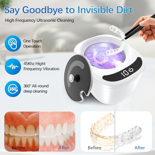 Ultrasonic Retainer Cleaner Machine - Raccomb 45kHz LED Light Ultrasonic Cleaner for Dentures, Aligner, Mouth Guard, Night Guard Cleaner, 230mL Sonic Cleaning Machine for Jewelry, Dental Appliances