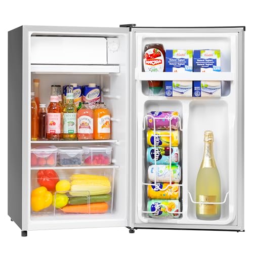 3.2 Cu. Ft Mini Fridge with Freezer for Bedroom, Dorm, Office, Compact Refrigerator with Adjustable Thermostat, Removable Glass Shelves and Reversible Door (Silver)