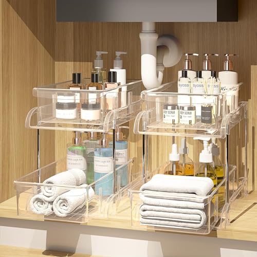 2 Pack Bathroom Cabinet Organizer, 2 Tier Clear Under Sink Organizers and Storage Medicine Cabinet Organizer with Dividers, Pull Out Kitchen Pantry Shelf Cupboard Closet Vanity Organization Bins