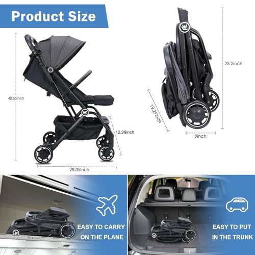 Lightweight Baby Stroller, Compact Travel Stroller with Cup Holder & Sleep Shade, Oversize Basket, One Hand Easy Foldable Stroller for Airplane Travel and More