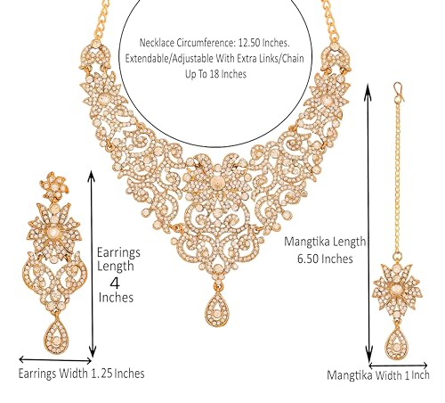 Touchstone Indian jewelry sets for women bollywood wedding bridal necklace desi earrings formal fancy rhinestone India designer jewellery punjabi tikka set in antique gold or silver or white tone