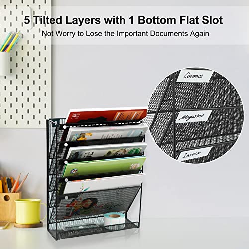 EasyPAG Wall File Organizer 5 Tier Vertical Hanging File Organizer Wall Mount File Holder Paper Folder Rack with Bottom Flat Tray for Office and Home,Black