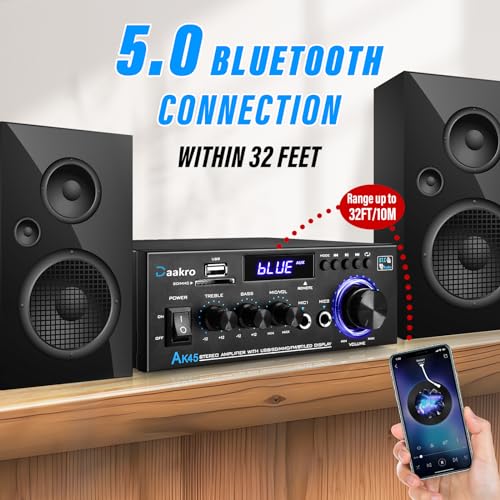 AK45 Stereo Audio Amplifier,300W Home 2 Channel Wireless Bluetooth 5.0 Power Amplifier System, Home Amplifiers FM Radio, USB, SD Card, with Remote Control Home Theater Audio Stereo System