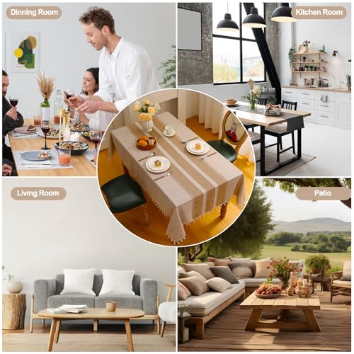 EMART Table Cloth for Rectangle Tables, Cotton Linen Waterproof Tablecloth with Tassels for Kitchen Dining Decoration, Rustic Style Tablecloth - Coffee Stripes, 55" X 70", 4-6Seats