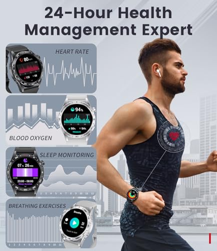 Smart Watch for Men (3 Straps) Answer/Make Calls,1.43'' AMOLED Always-on Display,110+ Sports Modes Fitness Watch with Sleep Monitor/SpO2/Heart Rate/Pedometer IP68 Waterproof Rugged Smartwatch Black