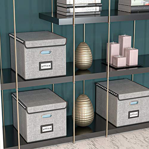Huolewa Upgraded Portable File Organizer Box with Lid with Plastic Slide, Decorative Collapsible Linen Hanging Home/Office Filing System Box for File and Folders Storage (Gray)