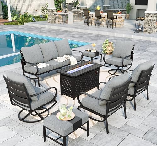 Sophia & William Patio Furniture Sets for 9 with 45" Gas Fire Pit Table Outdoor Conversation Sets 8 Pcs, 2xSofa Chairs, 2xSwivel Cushion Chairs, 1x3-Seat Sofa, 2xOttomans for Porch Poolside Grey
