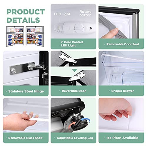 Mini Fridge with Freezer, 3.2 Cu.Ft Mini Refrigerator with 2 Doors, Compact Small Refrigerator for Dorm, Bedroom, Office, Energy Saving, 37 dB Low Noise, Stainless Steel
