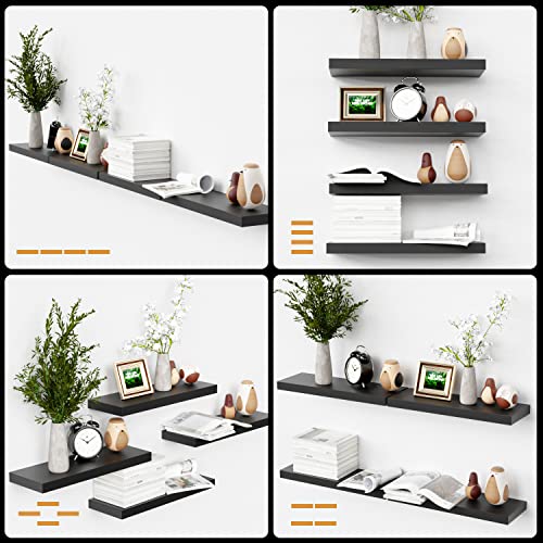 Black Floating Shelves for Wall, 4 Sets Black Wall Shelves Wall Mounted, Black Display Shelves for Bedroom Wall Decor, Wall Storage Shelf for Bathroom, Kitchen, Living Room – Black
