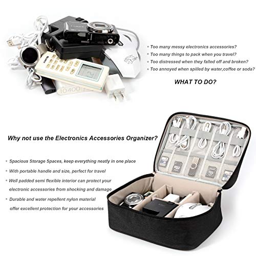 Electronic Organizer Travel Universal Cable Organizer Electronics Accessories Storage Bag Gadget Gear Cases for iPad Mini, Kindle, Smartphone, Cable, Charger, Power Bank, USB, SD Card (Black)