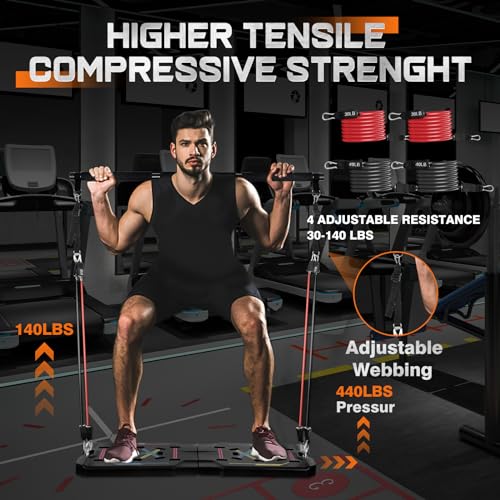 Home Gym Equipment, Large Compact Push Up Board, Portable Home Gym System with Pilates Bar, Resistance Band, Ab Roller Wheel, Full Body Workout at Home, Professional Push Up Strength Training