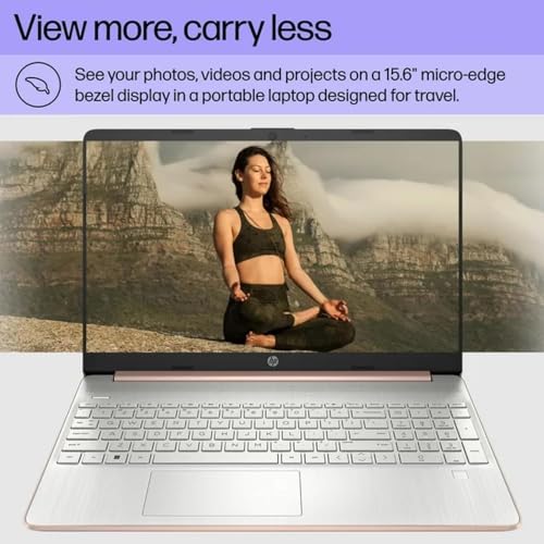 hp Newest 15.6 Laptop with Wireless Mouse and Fingerprint Reader, 16GB RAM, 256GB Storage(128GB SSD with 128GB Portable Drive), AMD Ryzen 3 Core, Long-Lasting Battery, Win11, Rose Gold