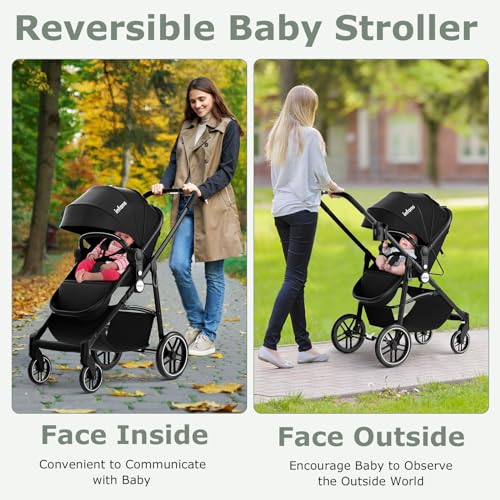 INFANS 2 in 1 Baby Stroller, High Landscape Infant Stroller & Reversible Bassinet Pram, Foldable Pushchair with Adjustable Canopy, Storage Basket, Cup Holder, Suspension Wheels (Black)