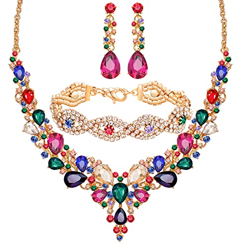 3/4 Pieces Women Jewelry Set Rhinestone Crystal Bride Statement Choker Necklace Tiara Crown Link Bangle Bracelet Teardrop Dangle Earrings Set for Wedding Party