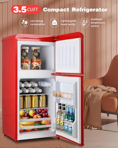 3.5 Cu.Ft Small Refrigerator with freezer, Compact Refrigerator, Retro Fridge with Dual Door,7 Level Adjustable Thermostat for Garage, Dorm,Bedroom, Office, Apartment-Red