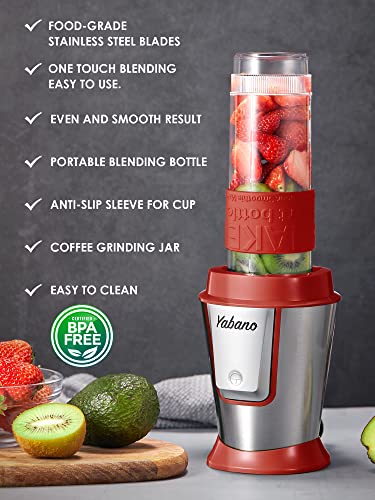 Personal Blender with 2 x 20oz Travel Bottle and Coffee/Spices Jar, Portable Smoothie Blender and Coffee Grinder in One, 500W Single Serve Blender for Shakes and Smoothies, BPA free, by Yabano (Red)