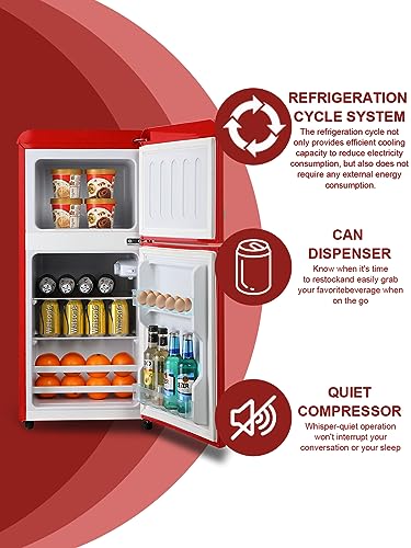 KRIB BLING 3.5 Cu.Ft Refrigerator 2 Door 7 Level Adjustable Thermostat Control Top-Freezer Refrigerator Lock Fresh Energy Saving Red