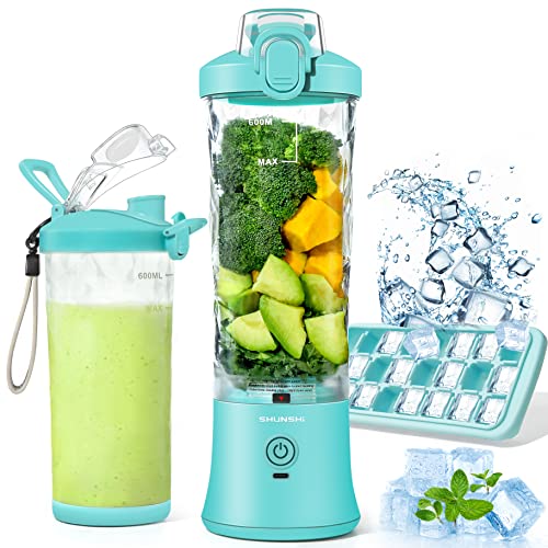 Portable Blender 20 Oz, Personal Size Blender for Shakes and Smoothies with Ice Cube Tray, Mini Small Smoothie Blender Bottles for Kitchen Home Gym Sports Travel (Mint Blender+ice cube tray)