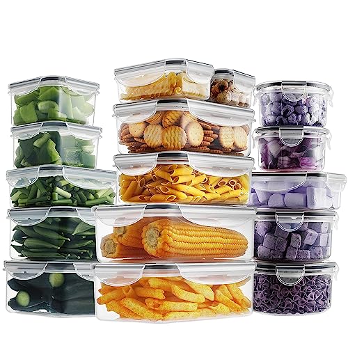 32 Pieces Food Storage Containers Set with Snap Lids (16 Lids + 16 Containers), Plastic Containers, BPA-Free Lunch Container Bento Box for Home, Black