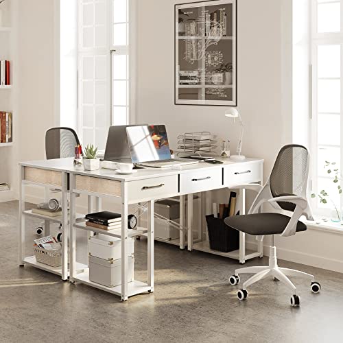 ODK 47" Small Office Computer Desk: Home Table with Drawers Wood Storage Shelves, Modern Work Writing Desk, White + White Leg