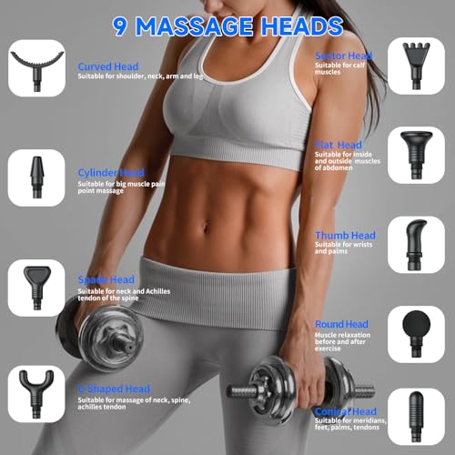 Massage Gun, Muscle Massage Gun for Athletes Handheld Electric Deep Tissue Back Massager, Percussion Massage Device for Pain Relief with 30 Speed Levels 9 Heads