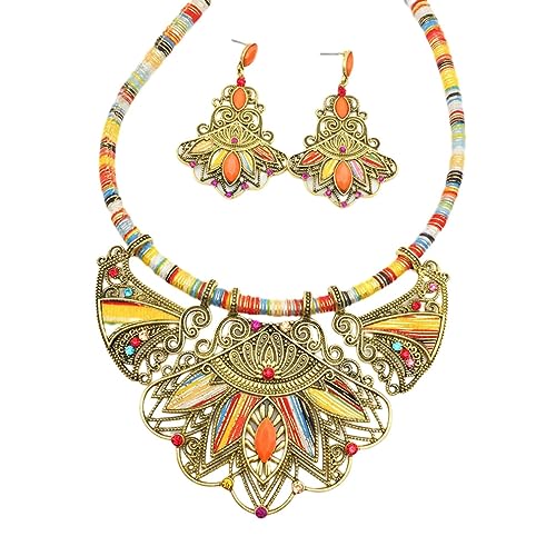 YAZILIND Chunky Necklace Earrings Women's Bohemian Chain Tribal Jewelry Set Handmade Geometric Charm Bib Choker Necklaces