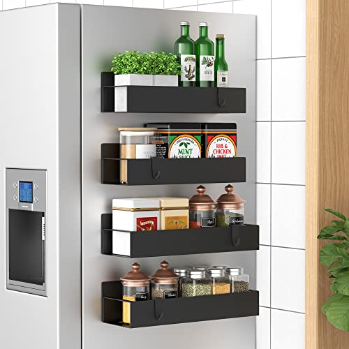4 Pack Magnetic Spice Storage Rack Organizer for Refrigerator and Oven, Matt Black Fridge Organizers and Storage